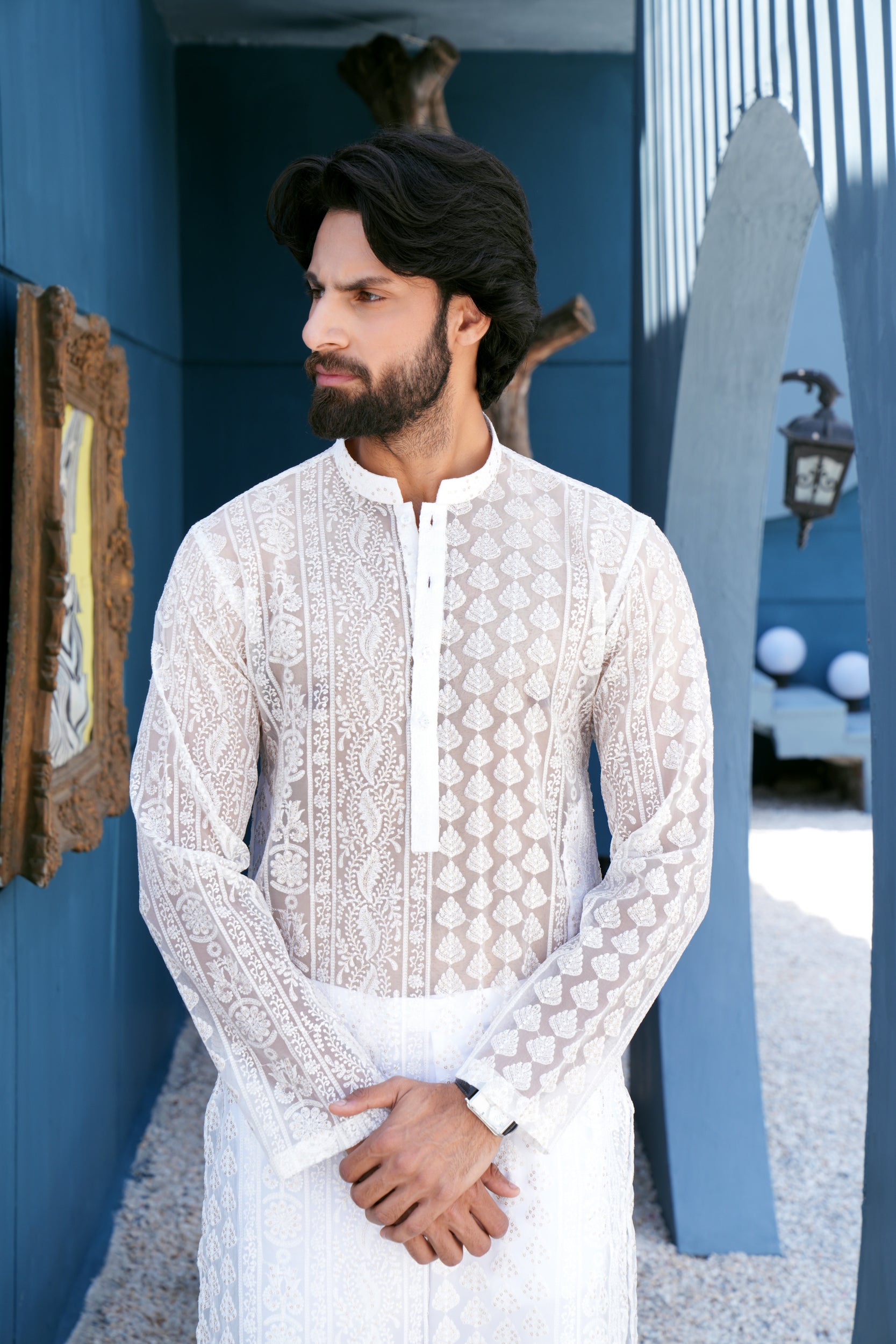 Pearl White Thread Work Kurta Set (See Through)