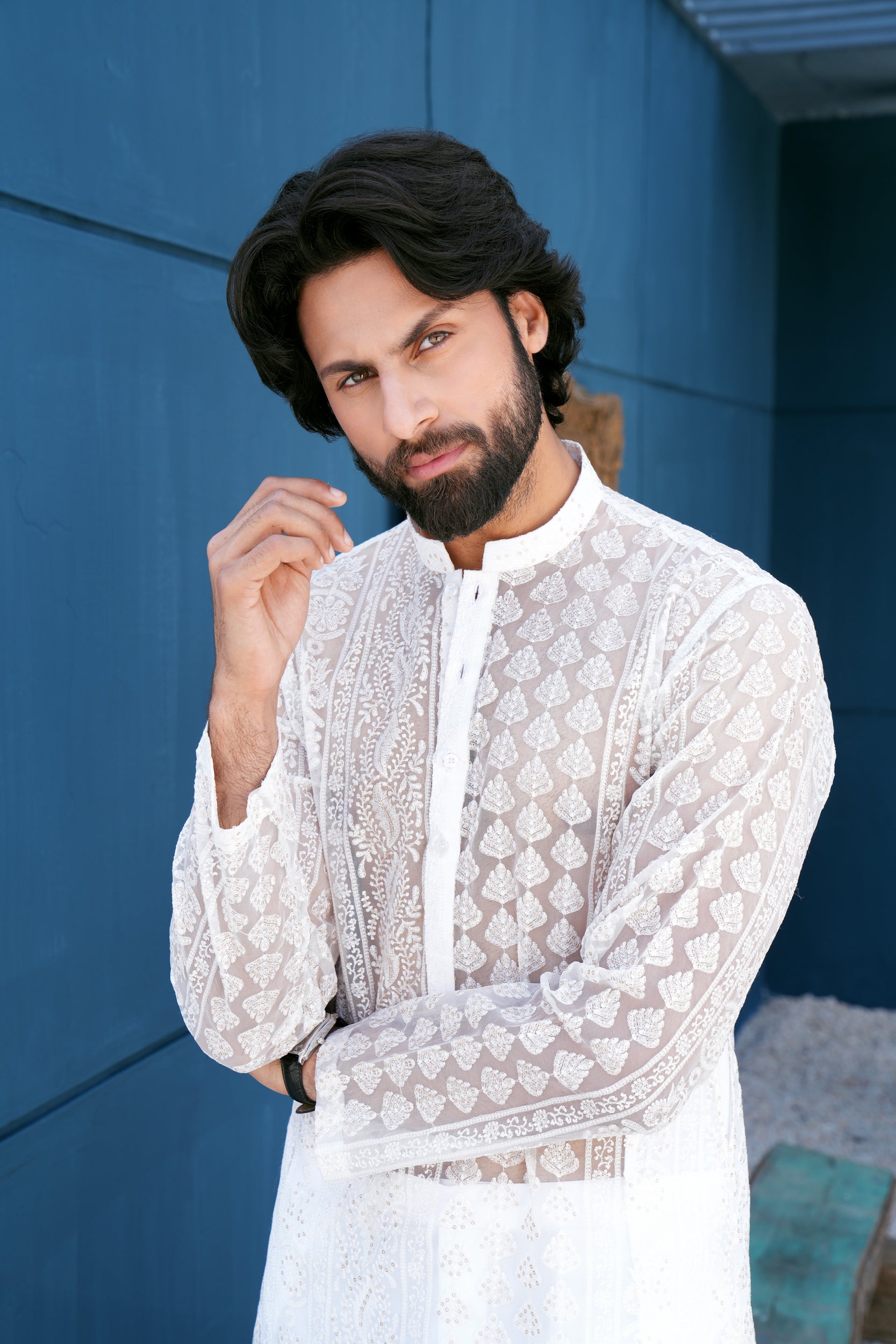 Pearl White Thread Work Kurta Set (See Through)