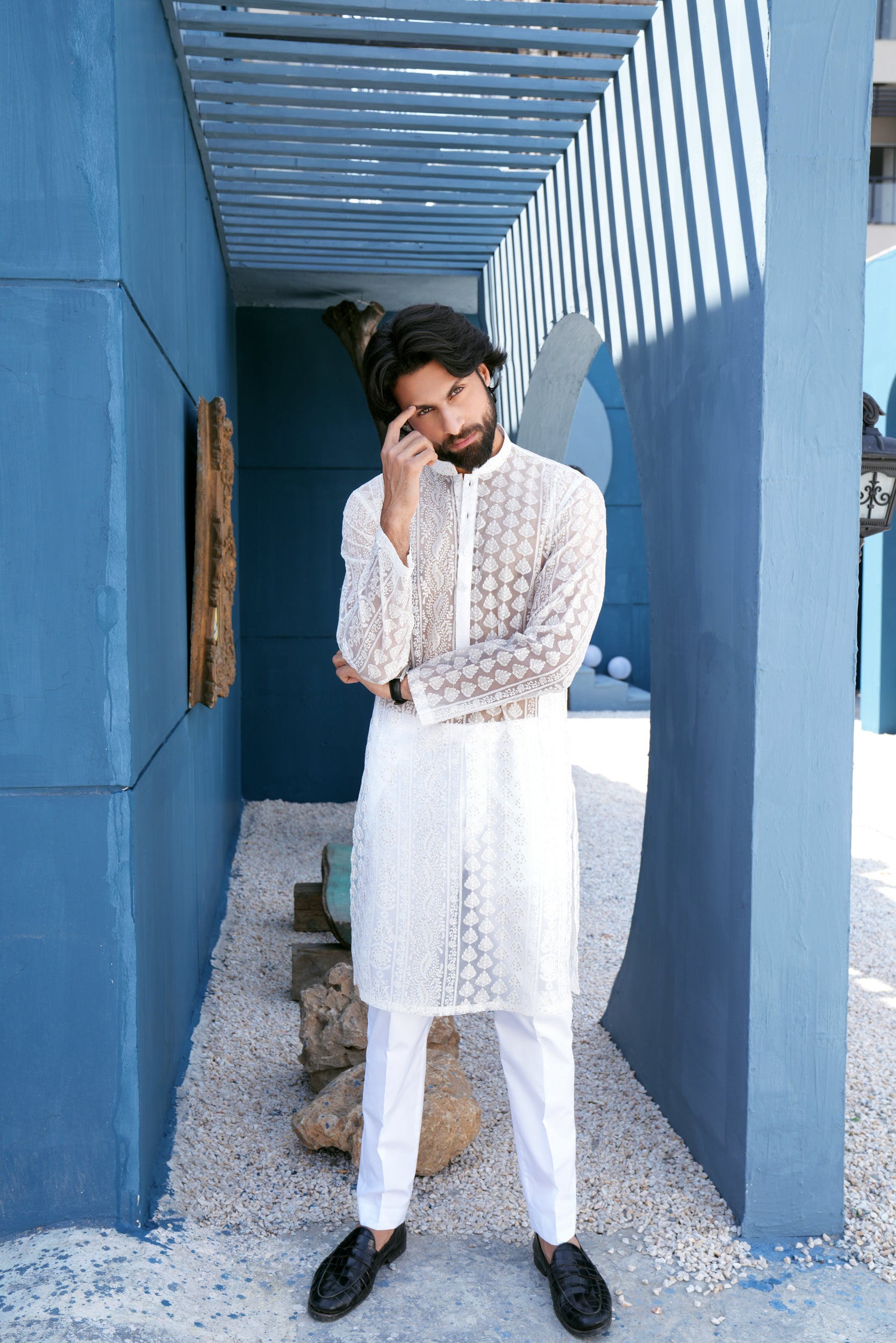 Pearl White Thread Work Kurta Set (See Through)