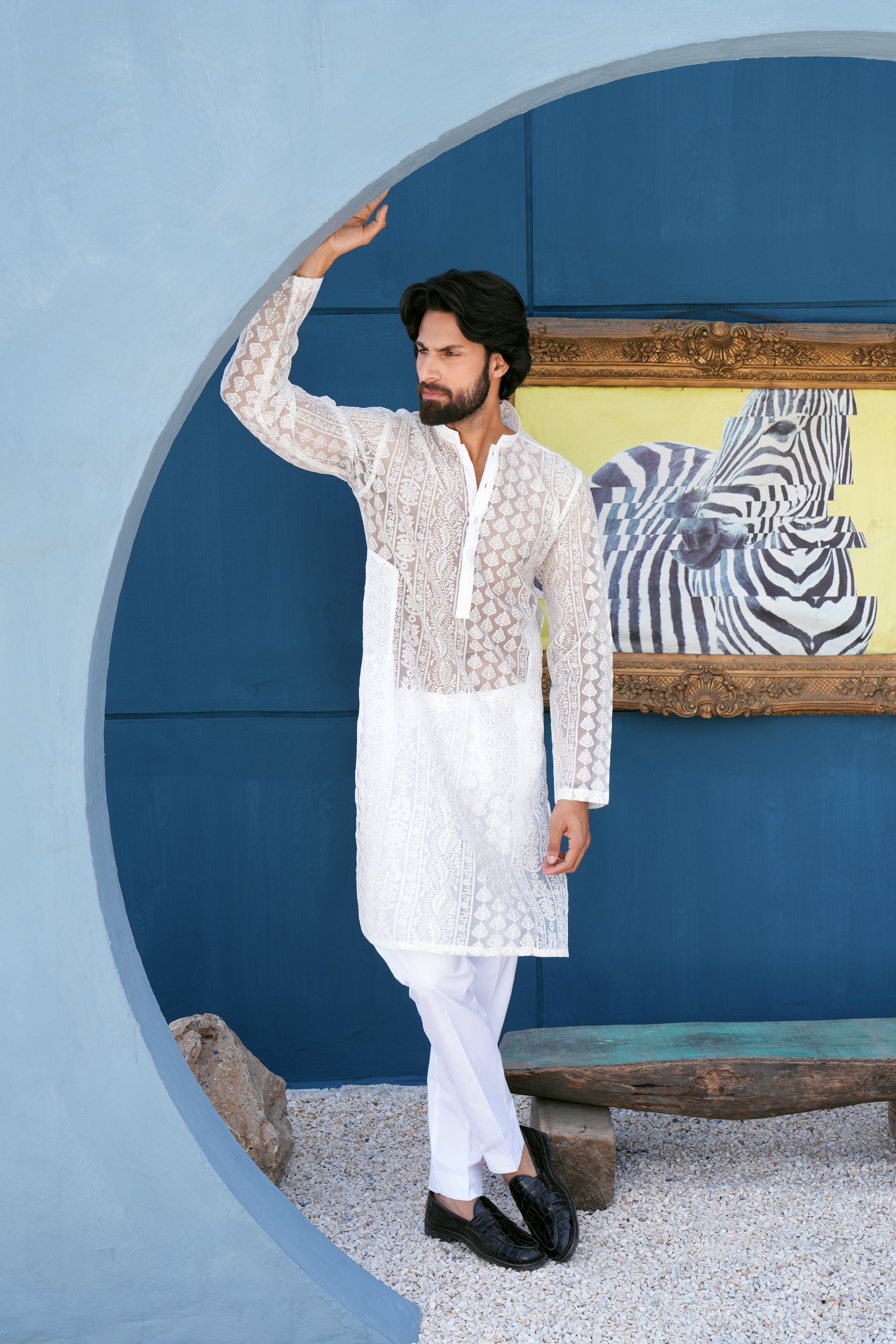 Pearl White Thread Work Kurta Set (See Through)