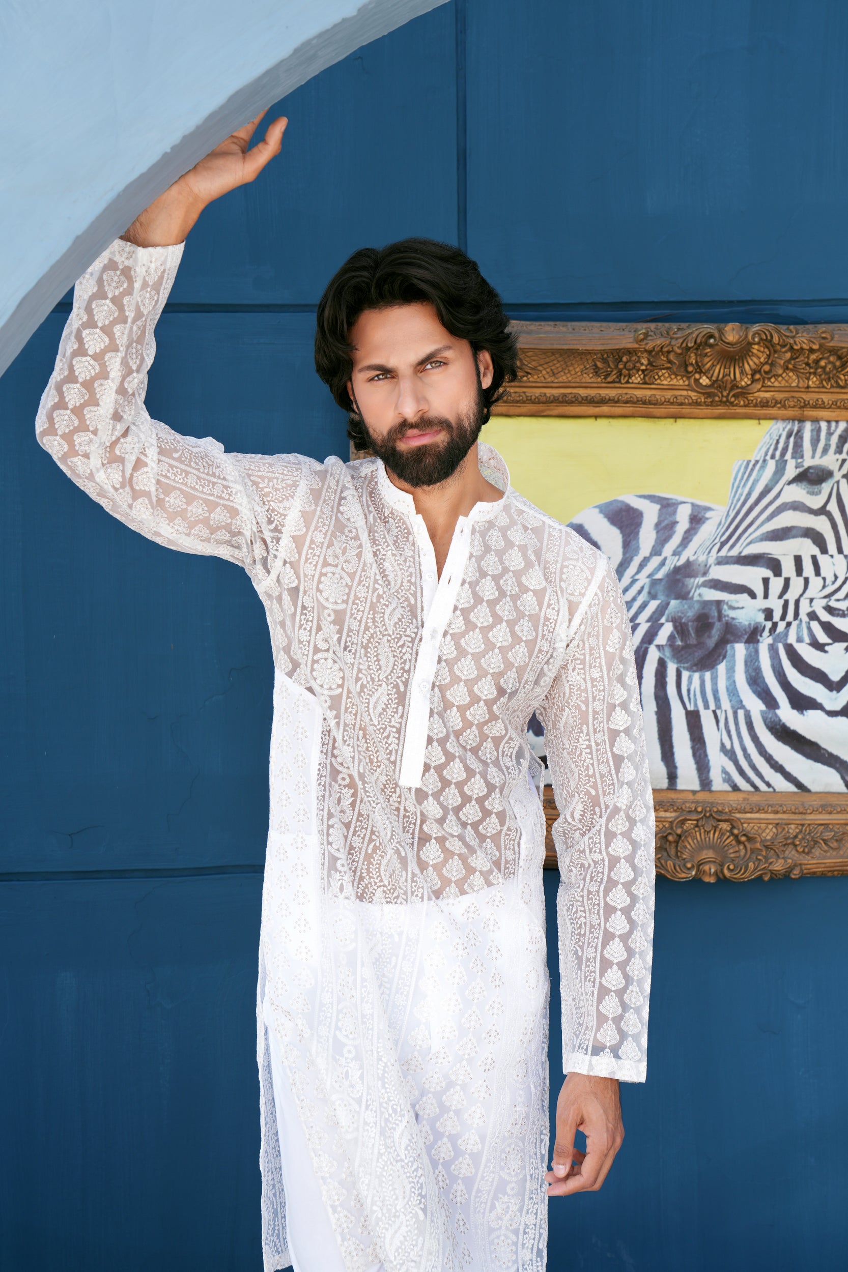 Pearl White Thread Work Kurta Set (See Through)