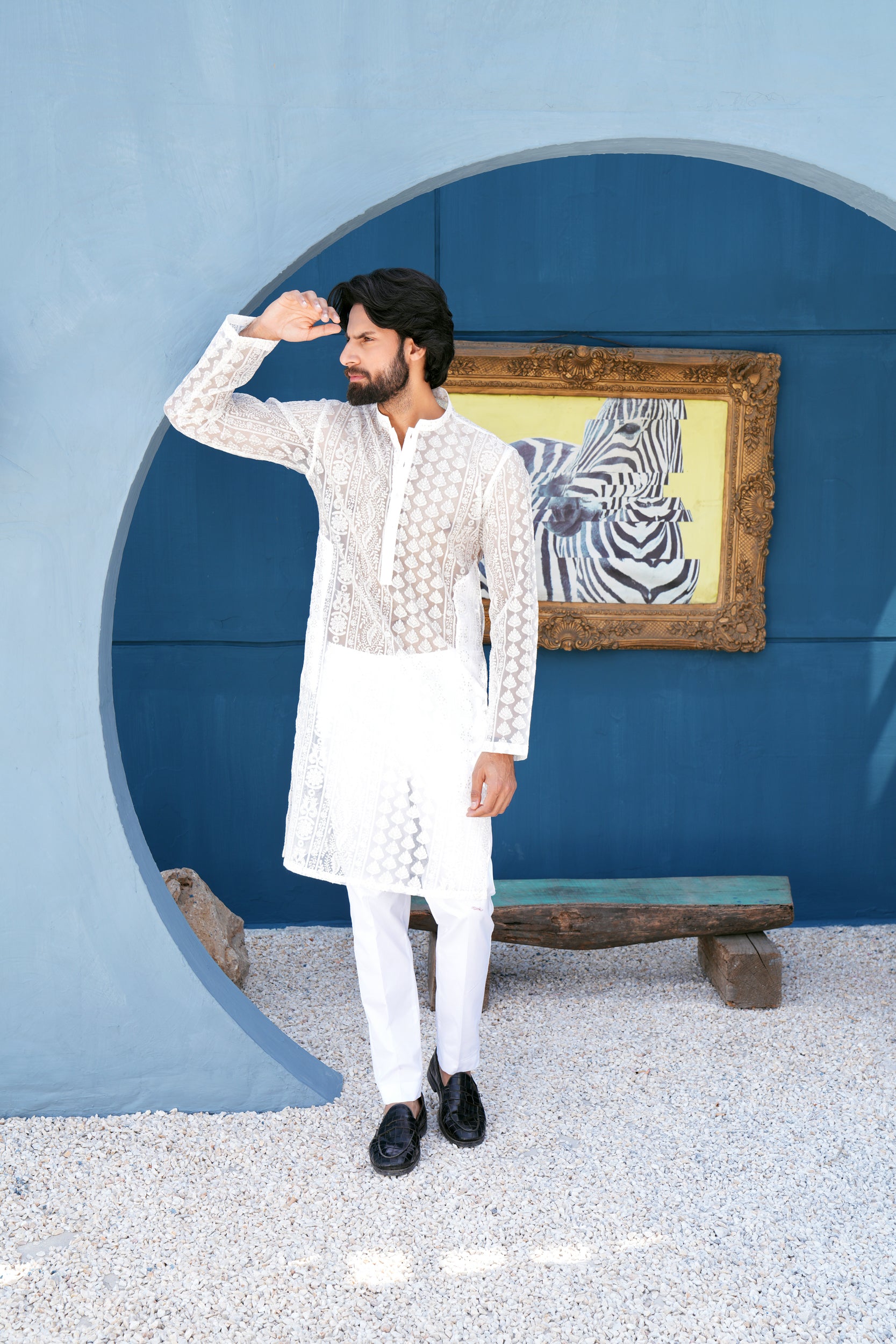 Pearl White Thread Work Kurta Set (See Through)