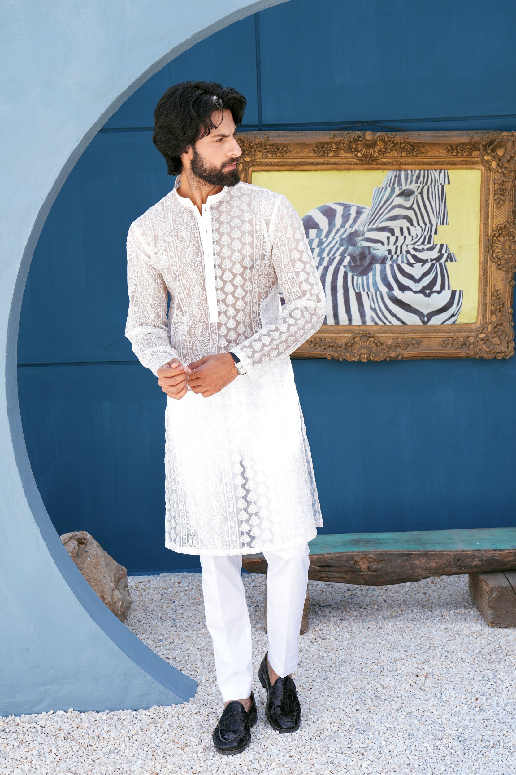 Pearl White Thread Work Kurta Set (See Through)