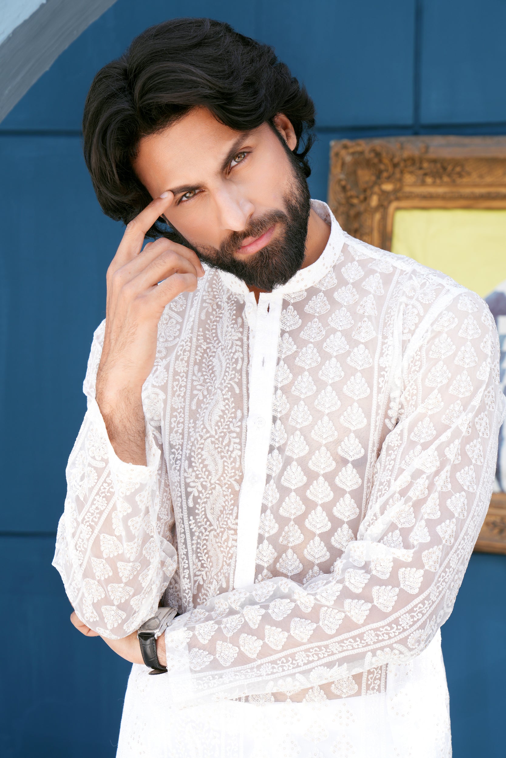 Pearl White Thread Work Kurta Set (See Through)