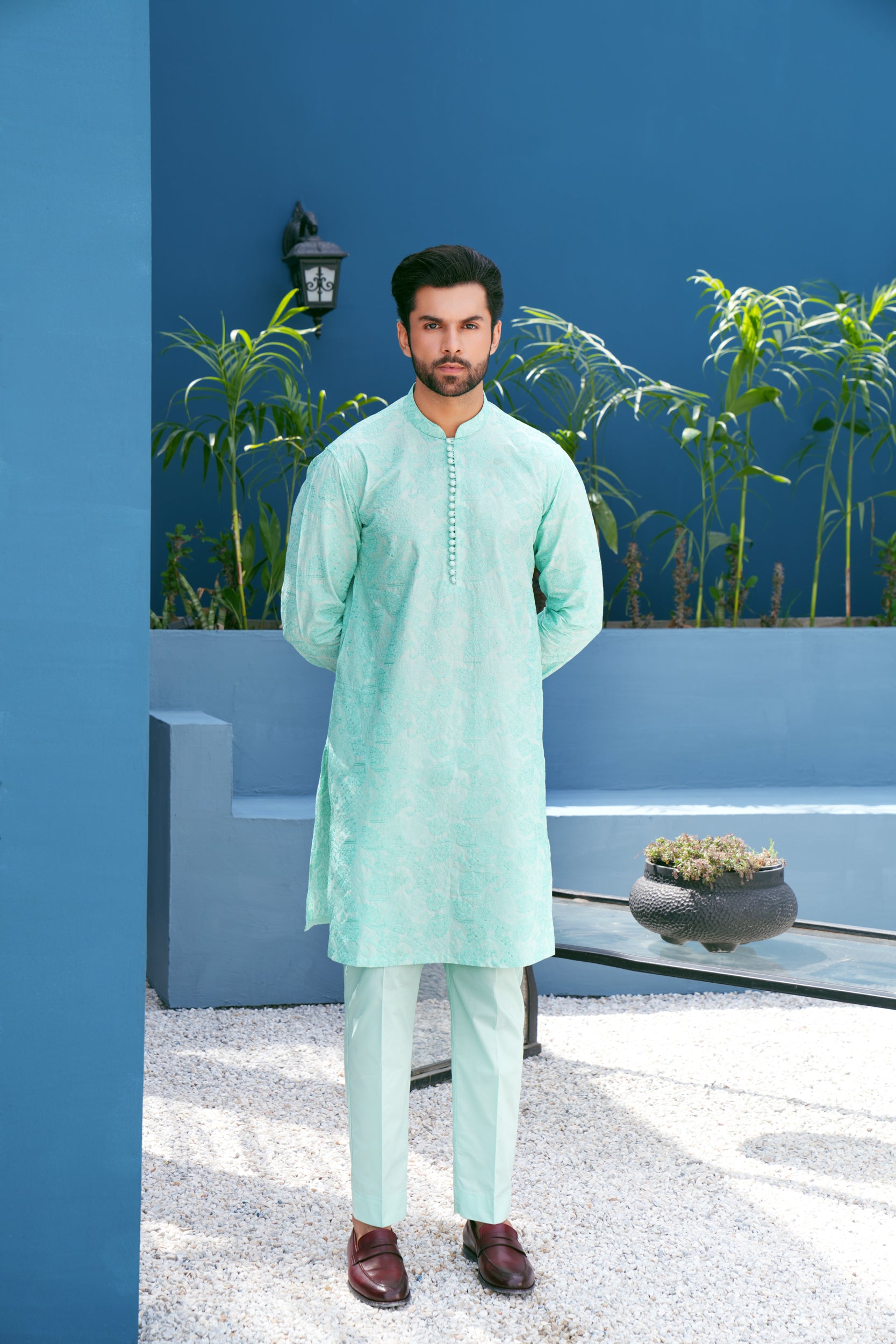 Turquoise Thread Work Kurta Set