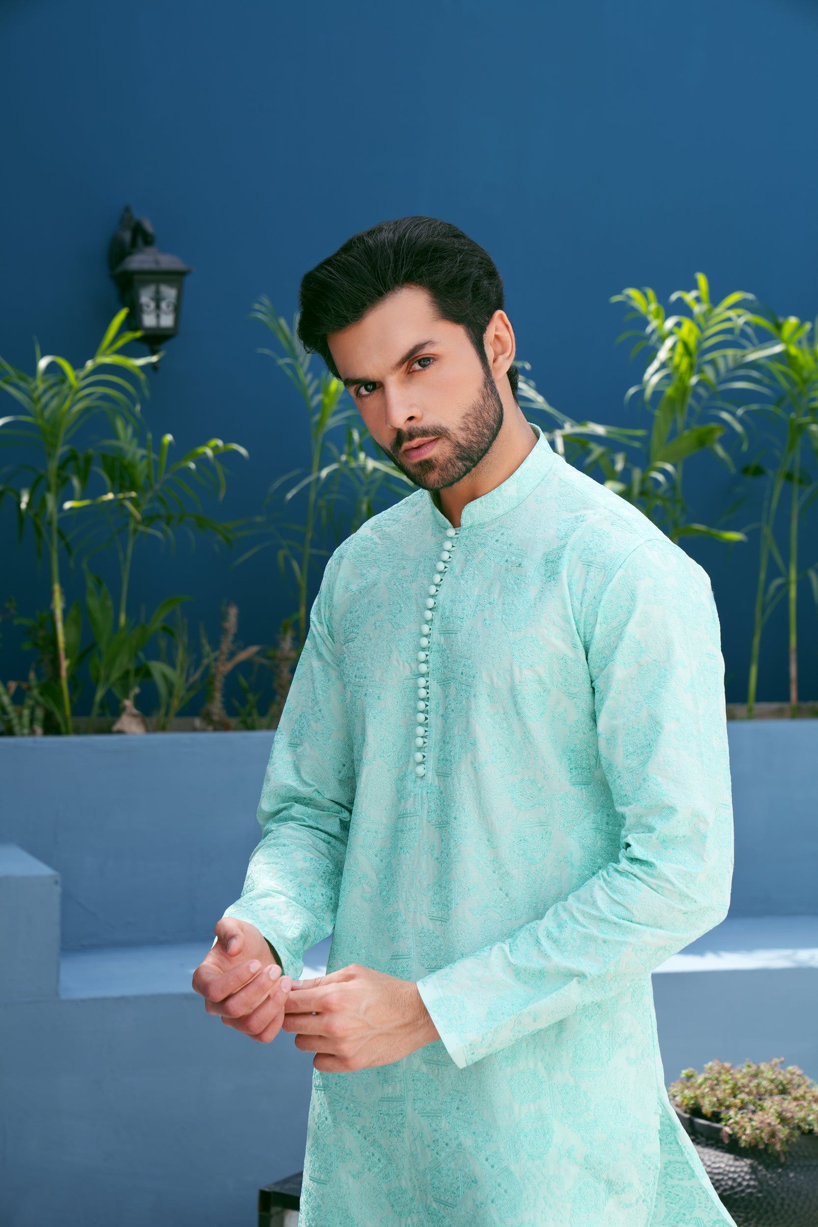 Turquoise Thread Work Kurta Set