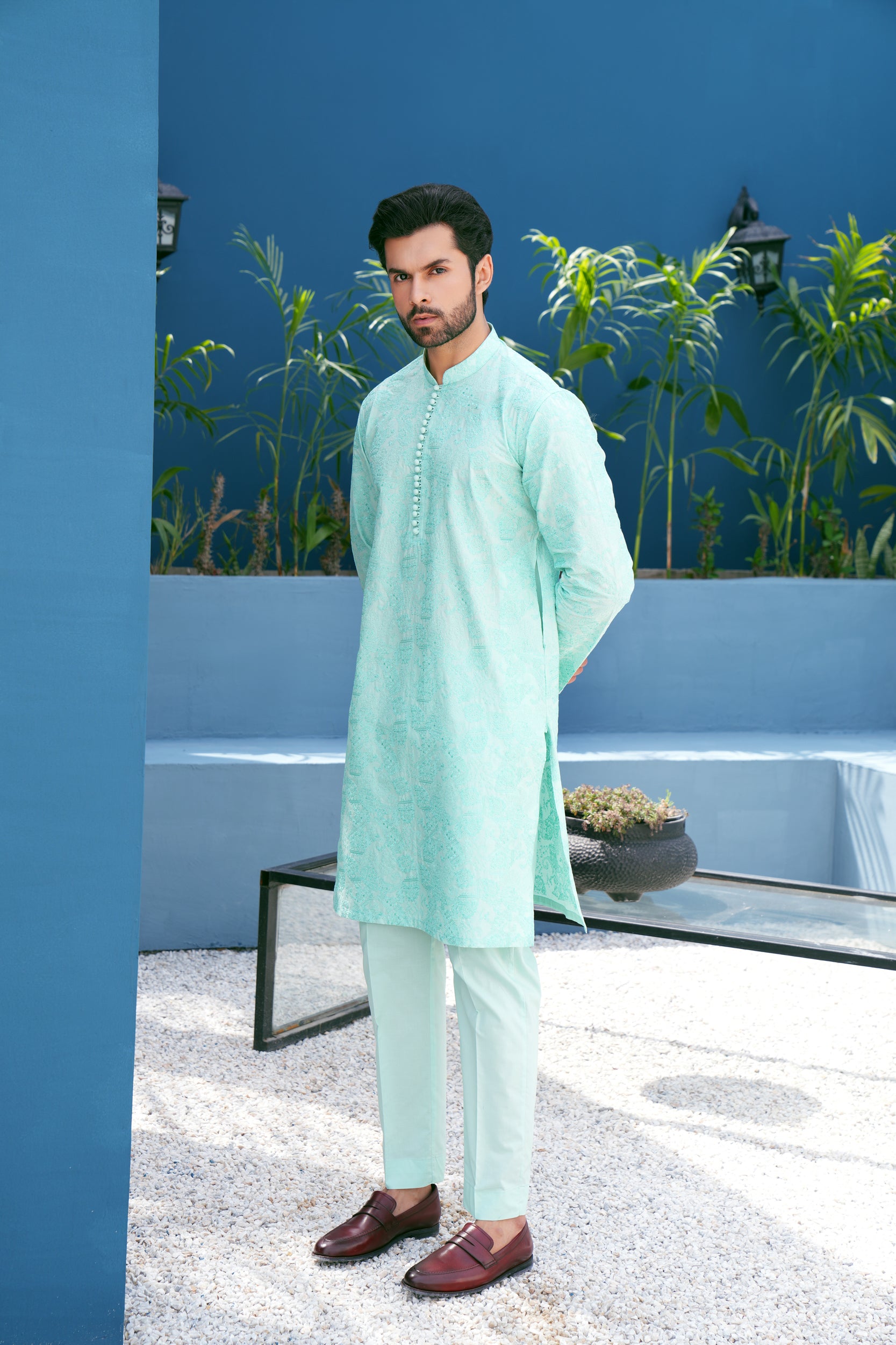 Turquoise Thread Work Kurta Set