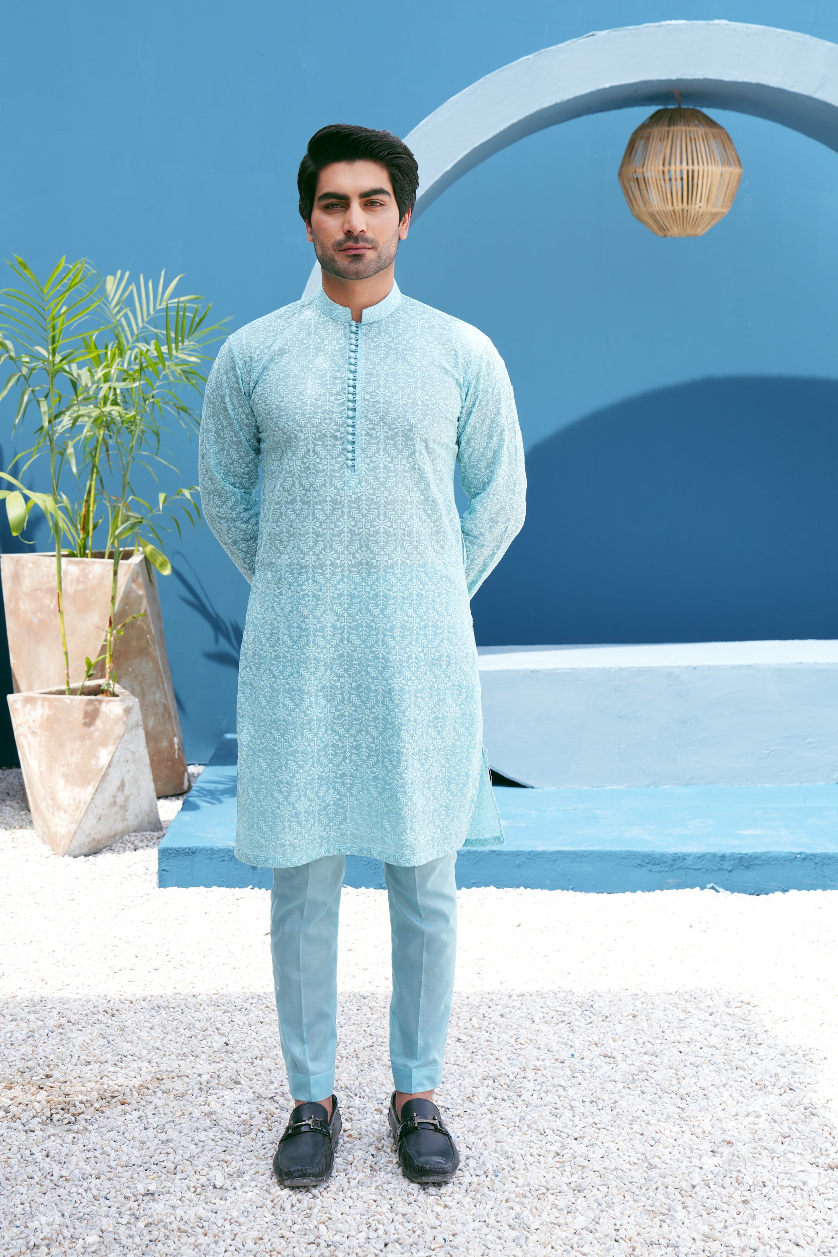 Turquoise Thread Work Kurta Set