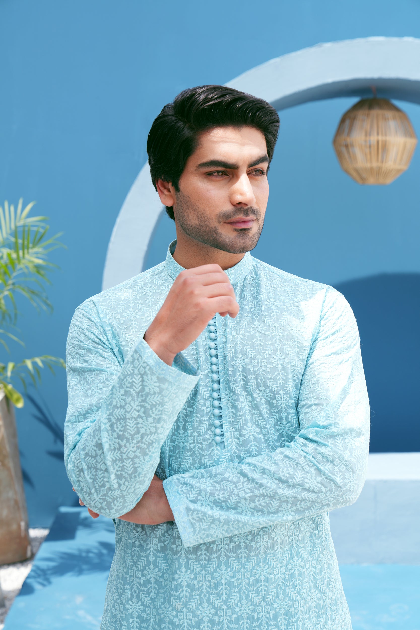 Turquoise Thread Work Kurta Set