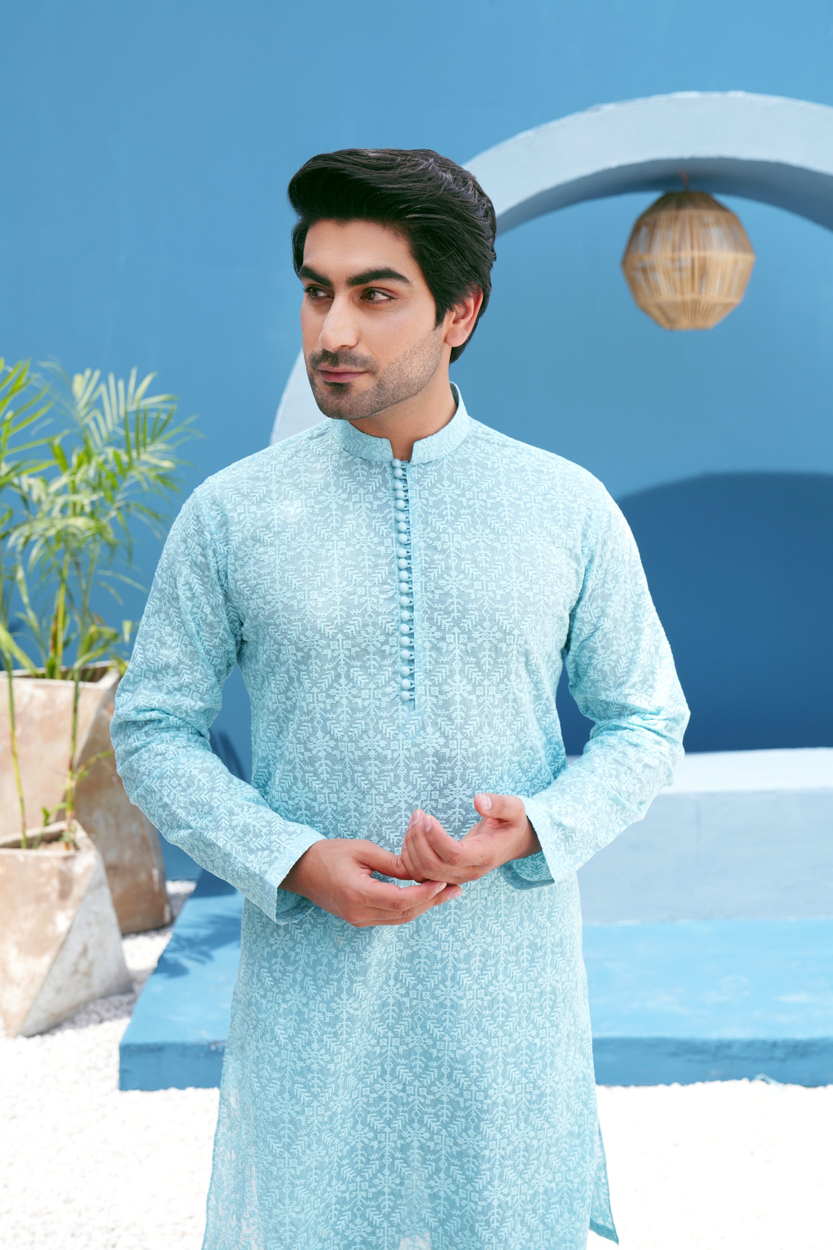 Turquoise Thread Work Kurta Set