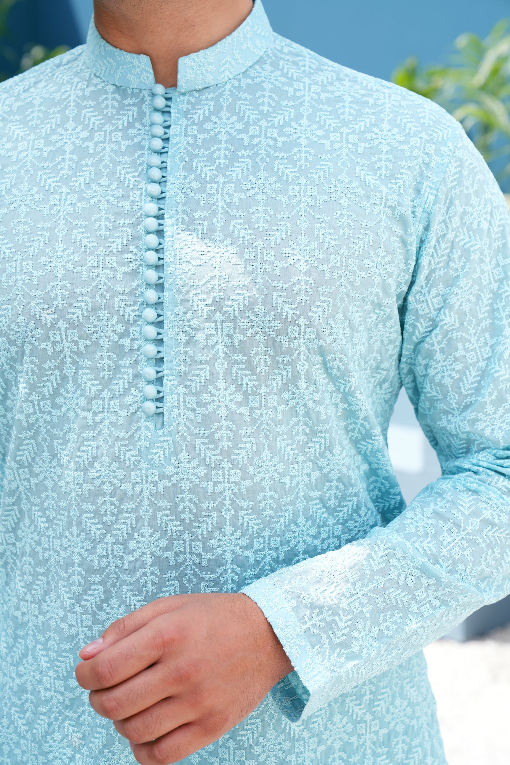 Turquoise Thread Work Kurta Set