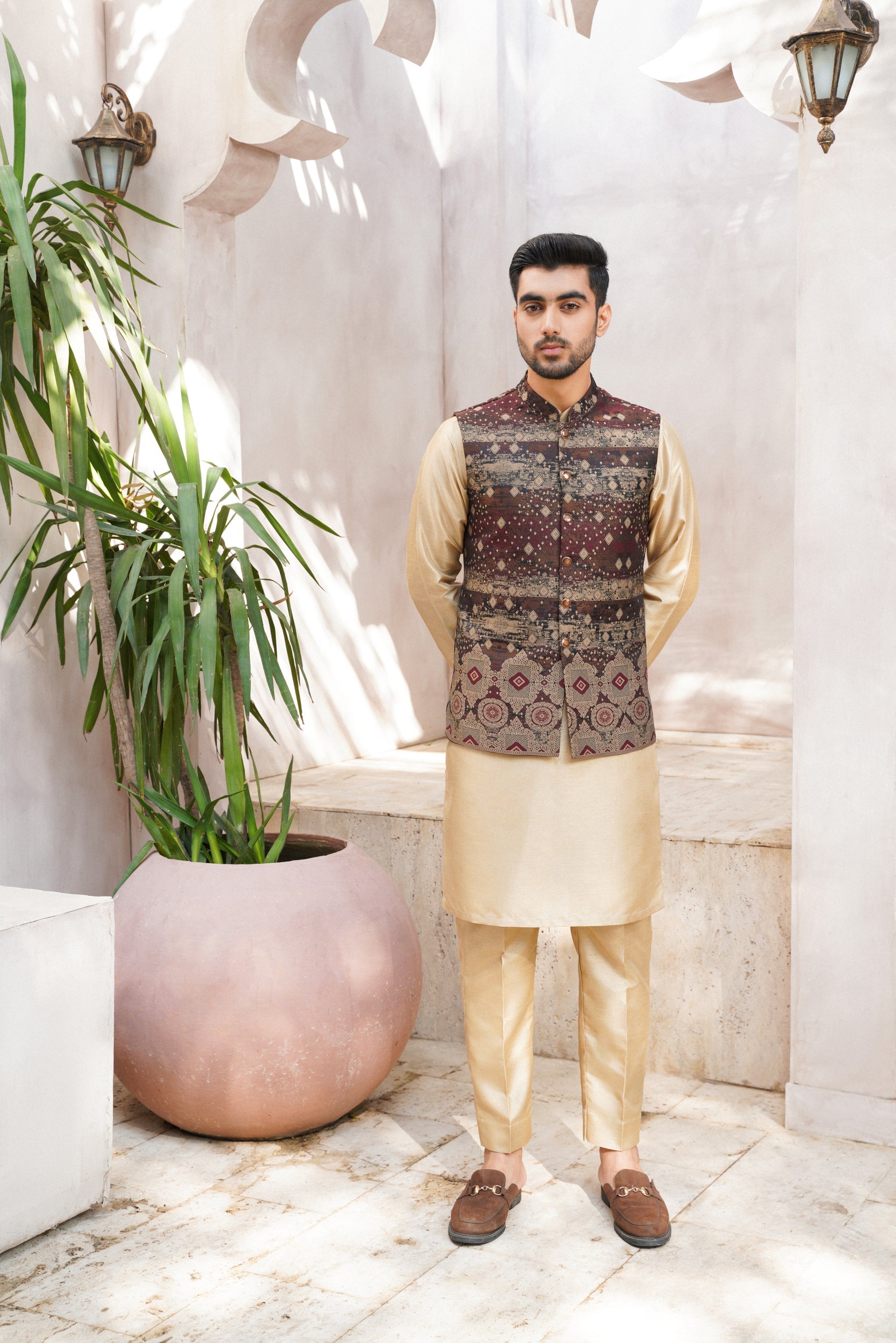 Maroon green checkered Printed waistcoat