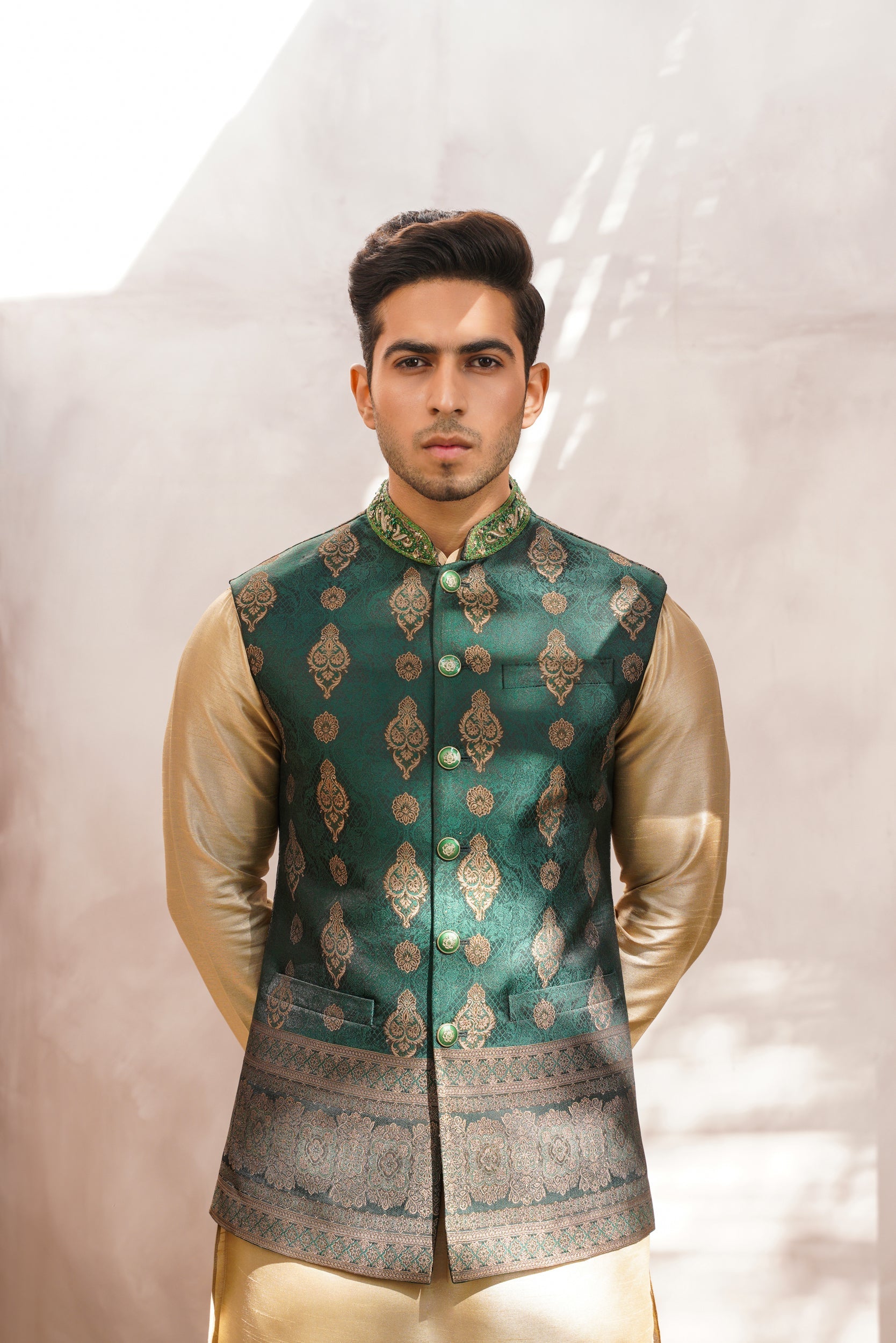 Embellished ban green jaquard waistcoat