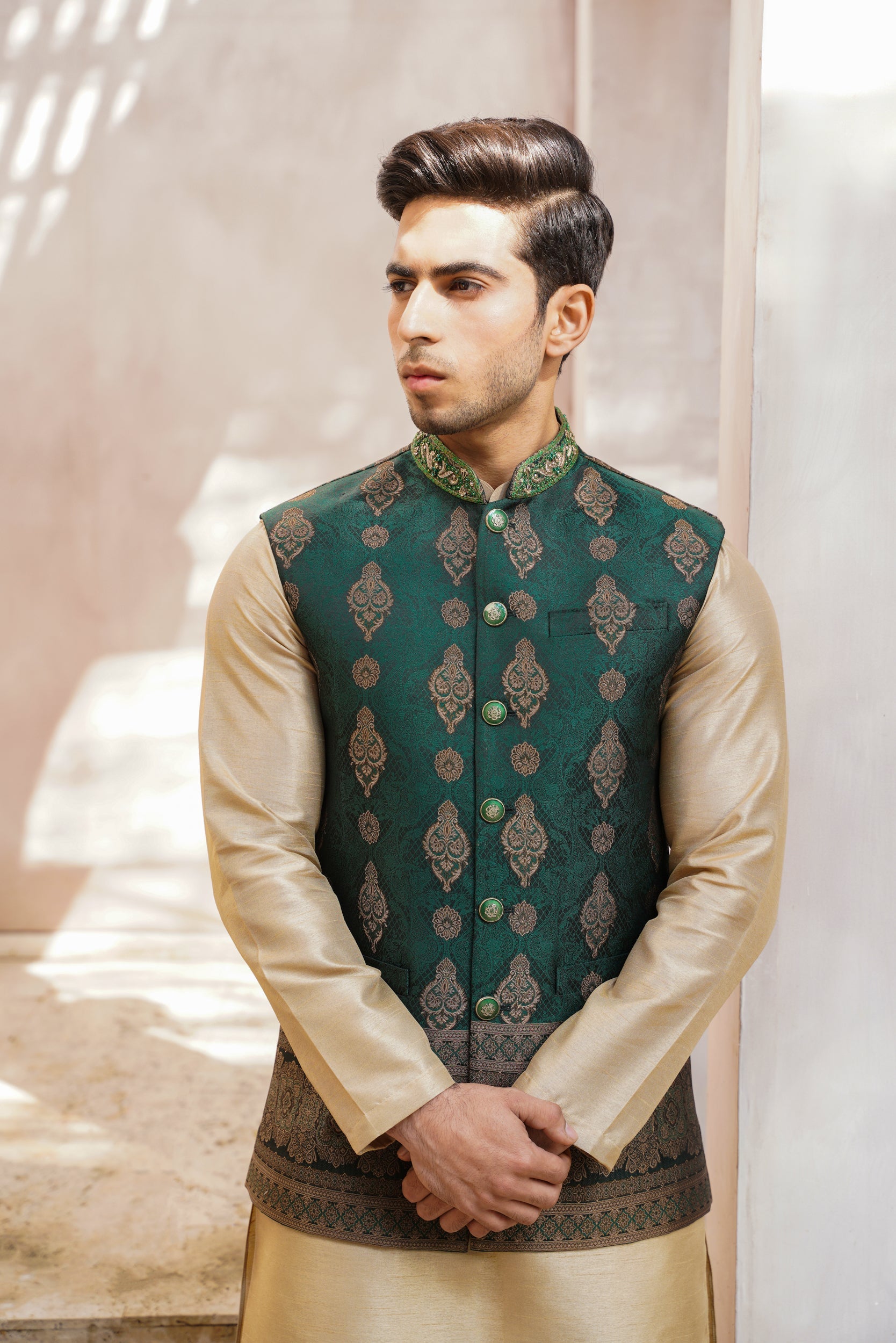 Embellished ban green jaquard waistcoat