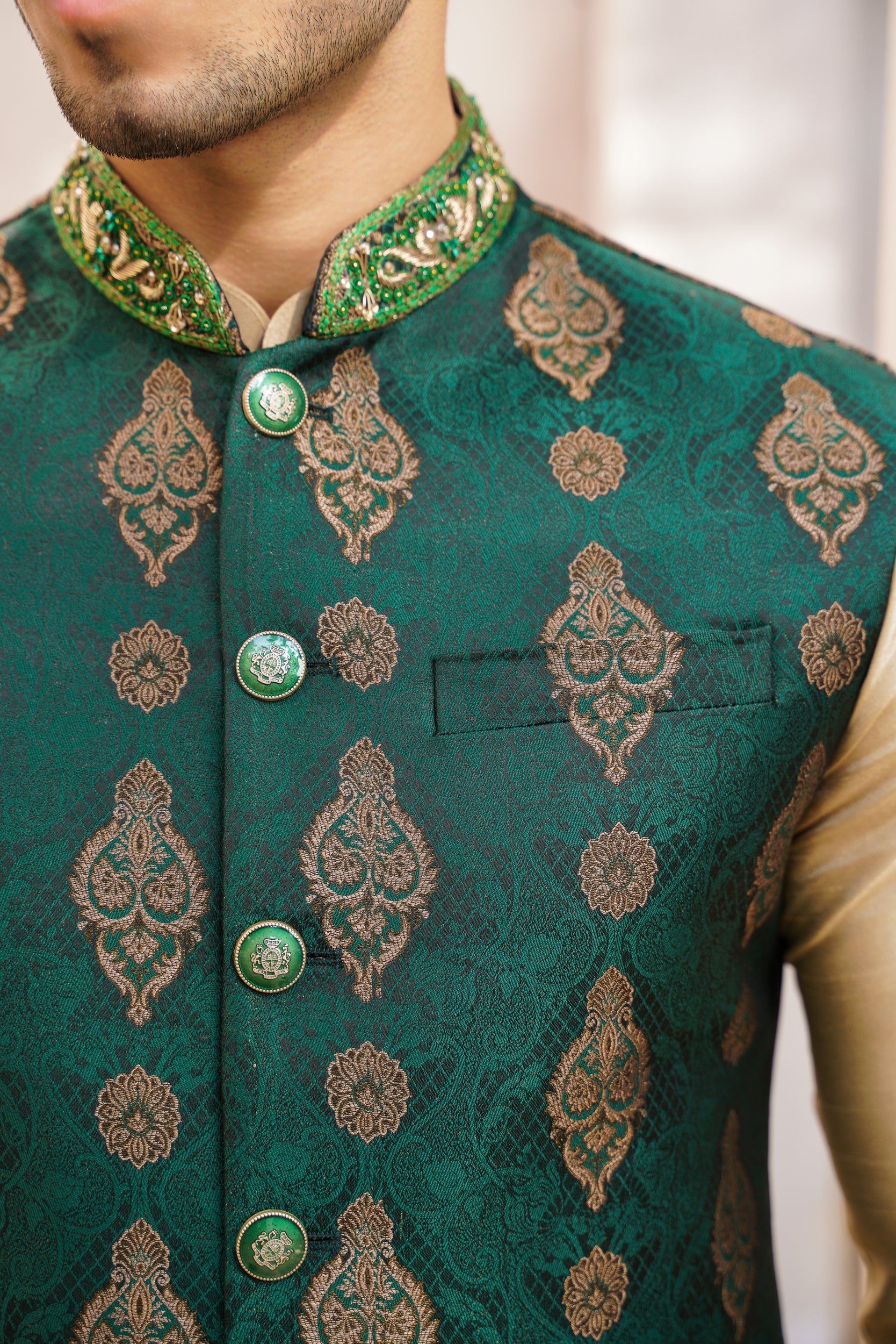 Embellished ban green jaquard waistcoat