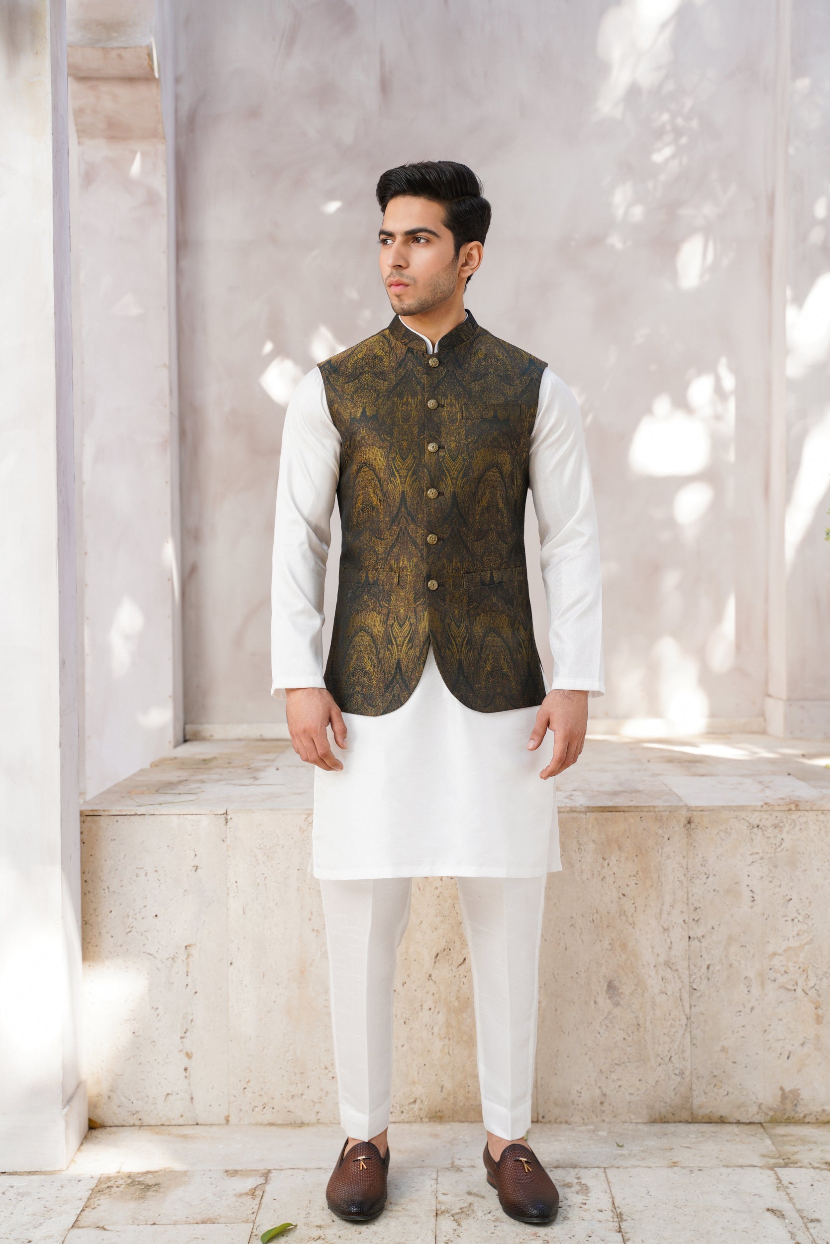 Green golden Self print waistcoat