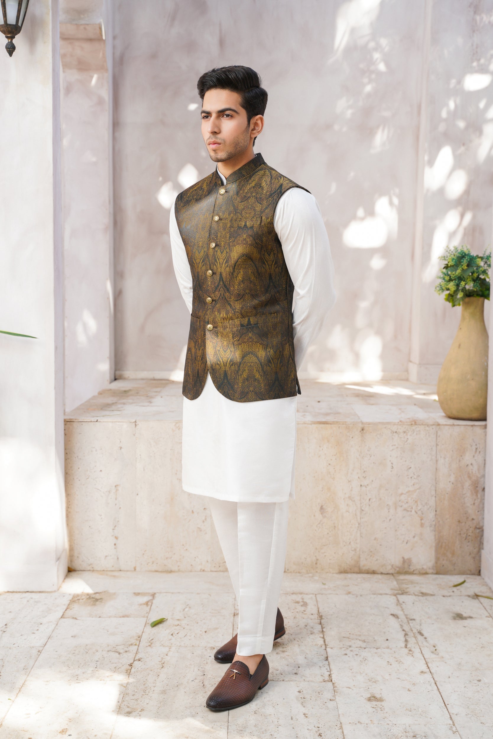 Green golden Self print waistcoat