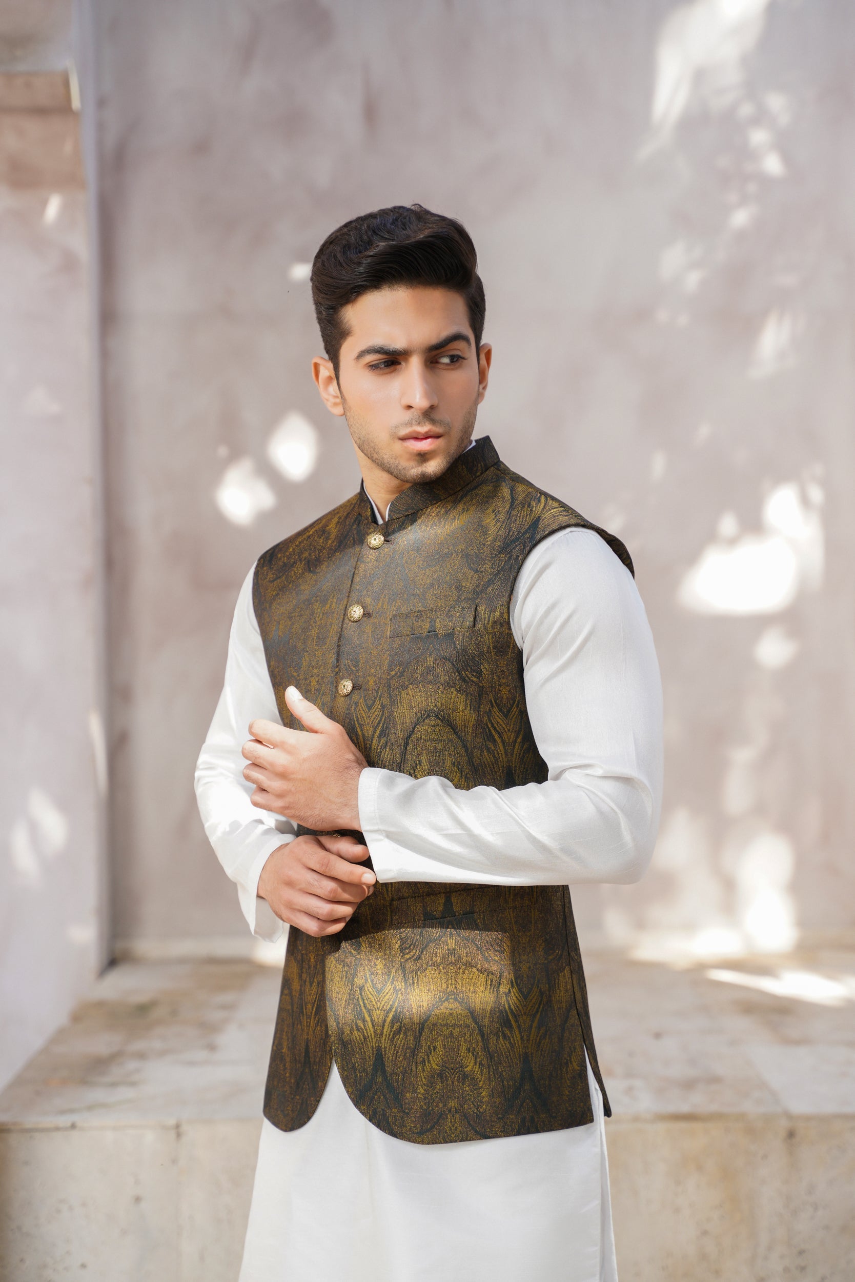 Green golden Self print waistcoat