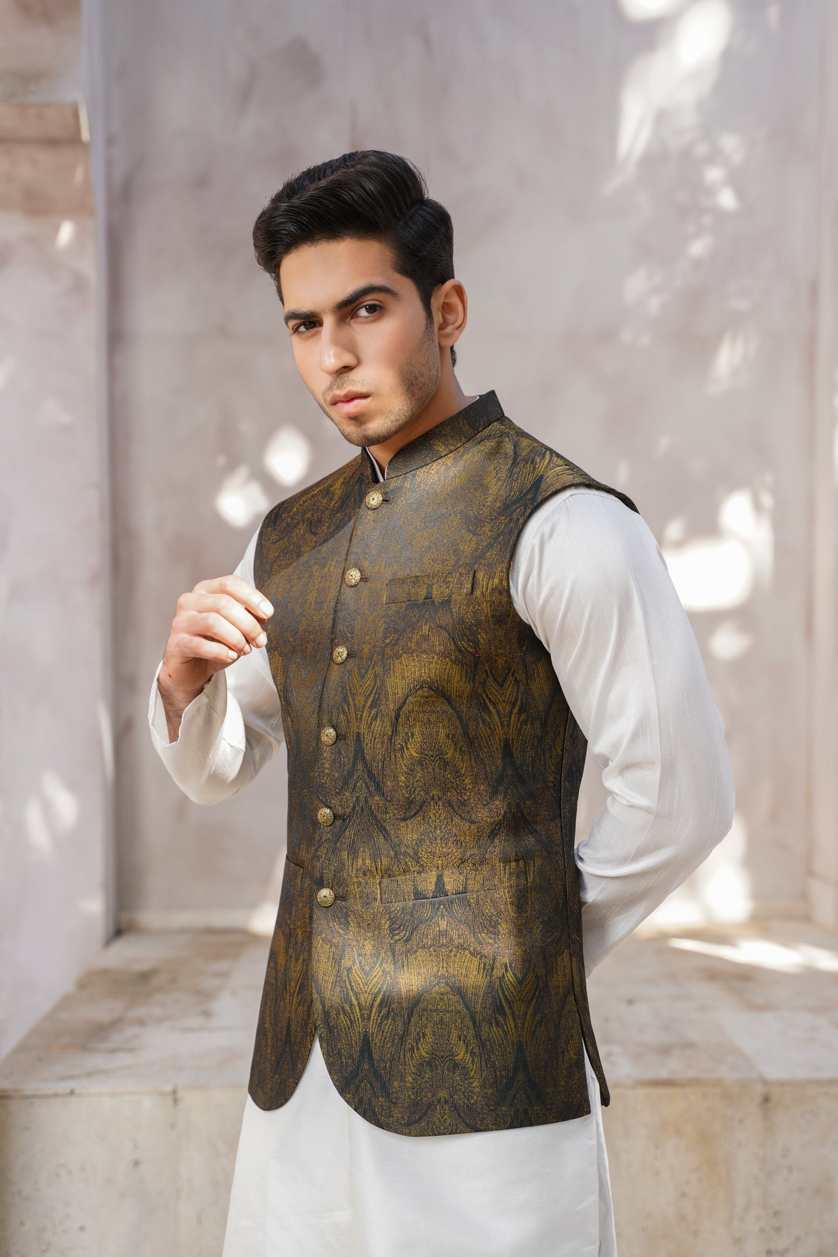 Green golden Self print waistcoat