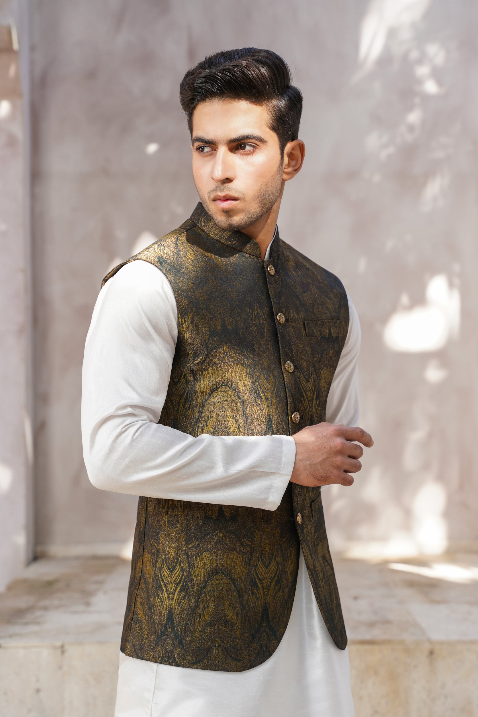 Green golden Self print waistcoat