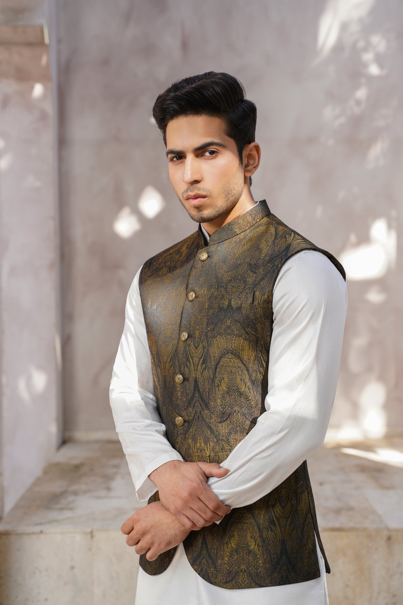 Green golden Self print waistcoat