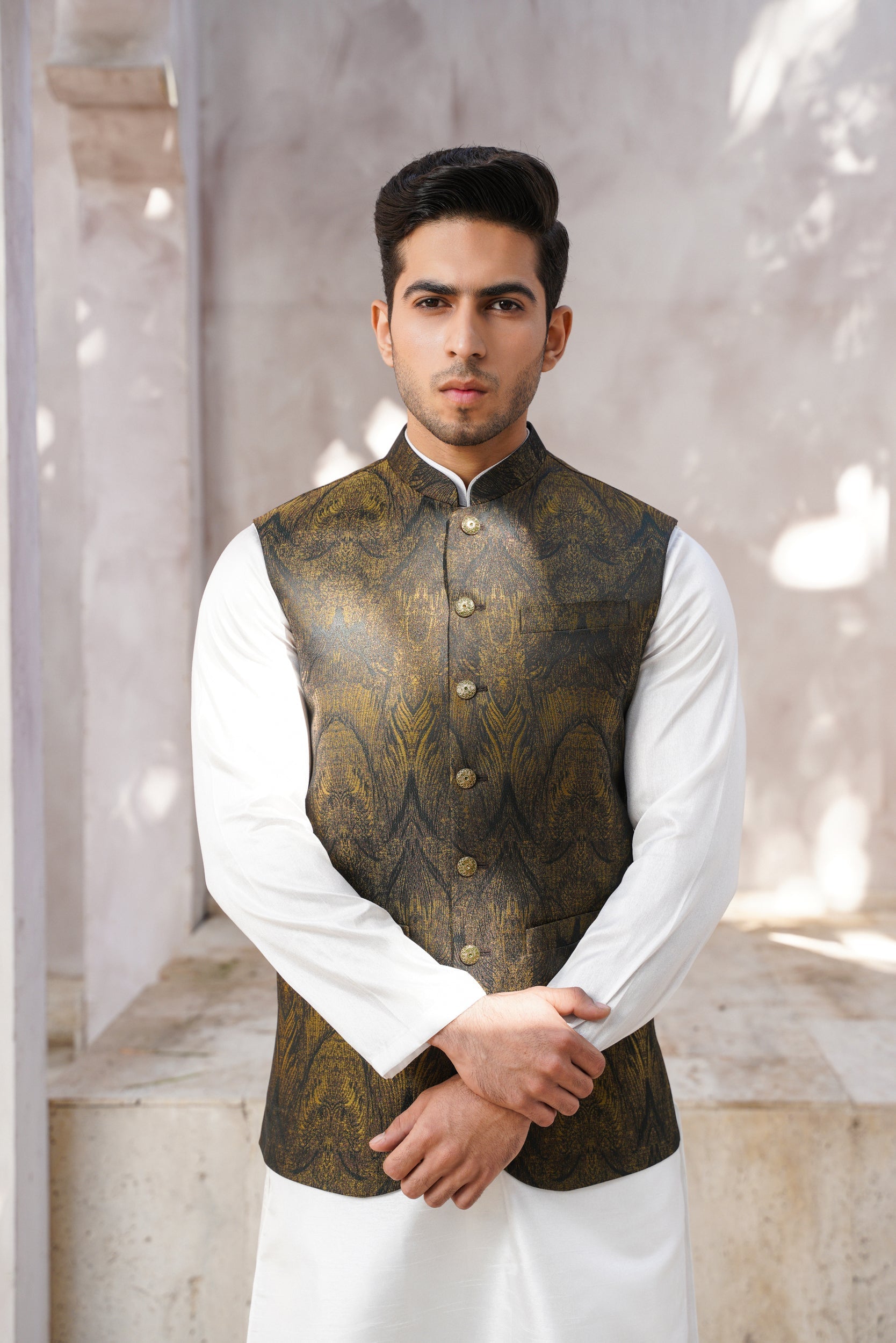 Green golden Self print waistcoat