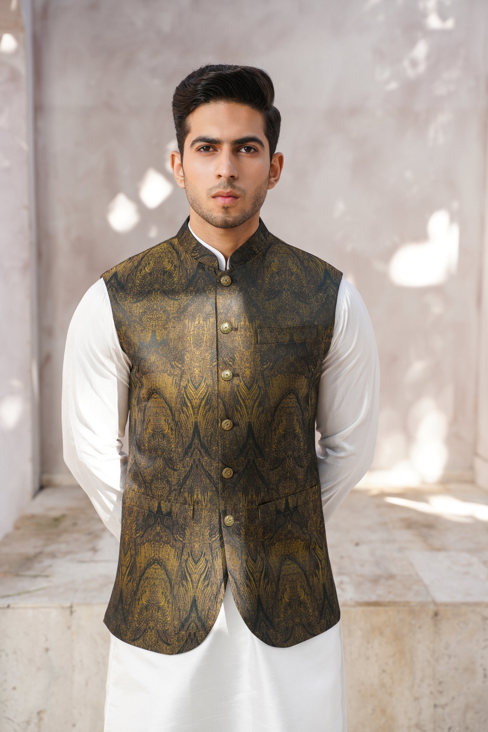 Green golden Self print waistcoat