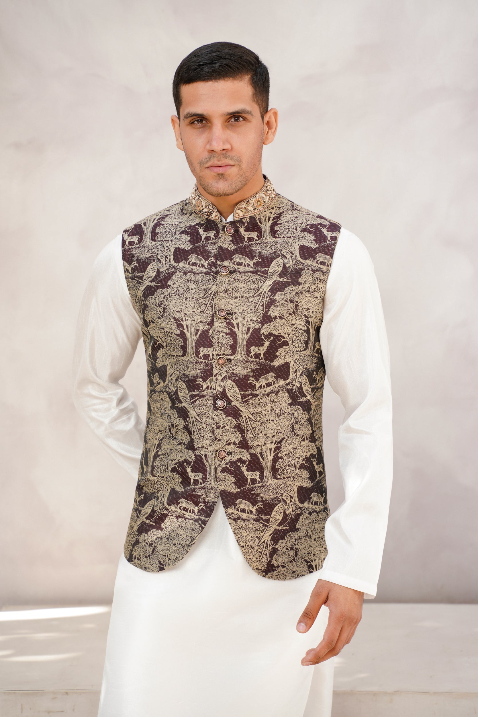 Floral Patterned embellished ban  waistcoat