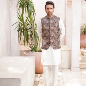 Embellished ban Brown jaquard waistcoat