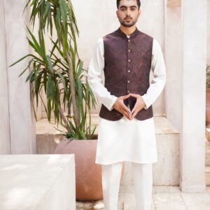 Maroon black self patterned waistcoat