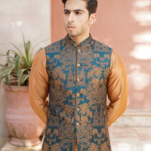 Orange self jaquard waistcoat