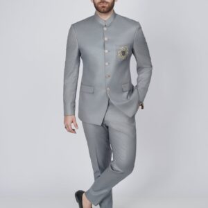 Elegant Gray Embroidered pocket prince suit