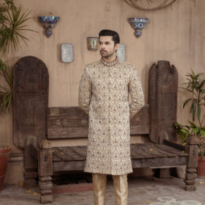 Beige Gold embroidered Sherwani