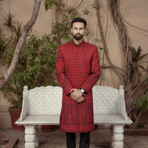 Crimson ruby embroidered Sherwani