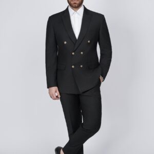 Solid black six button two piece suit