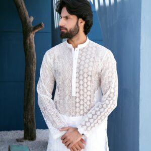 Pearl White Thread Work Kurta Set (See Through)
