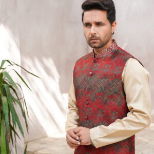 Embellished ban gary red printed waistcoat