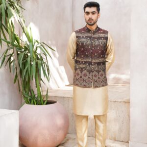 Maroon green checkered Printed waistcoat