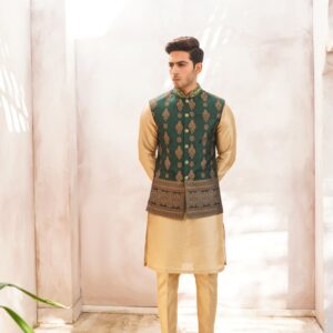 Embellished ban green jaquard waistcoat