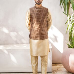 Embellished ban brown self jaquard waistcoat