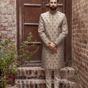 Gray brown hand embellished Sherwani